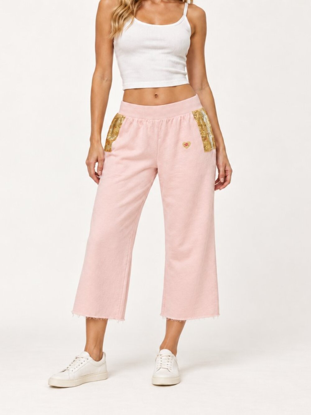 NWOT Vintage PRIMP Pink Gold Sequin Cropped Wide Leg Sweatpants M